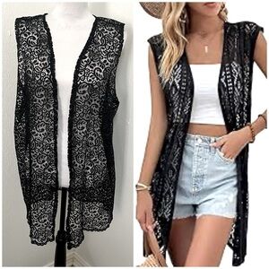 Floral Crochet Lace Trim Sleeveless Open Front Vest Cardigan for Women Black M/L